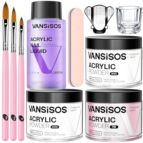 VANSISOS Acrylic Nail Kit for Beginners Clear White Pink Powder and Liquid Set Professional Nails Kit Acrylic Set with Brushes for Home DIY